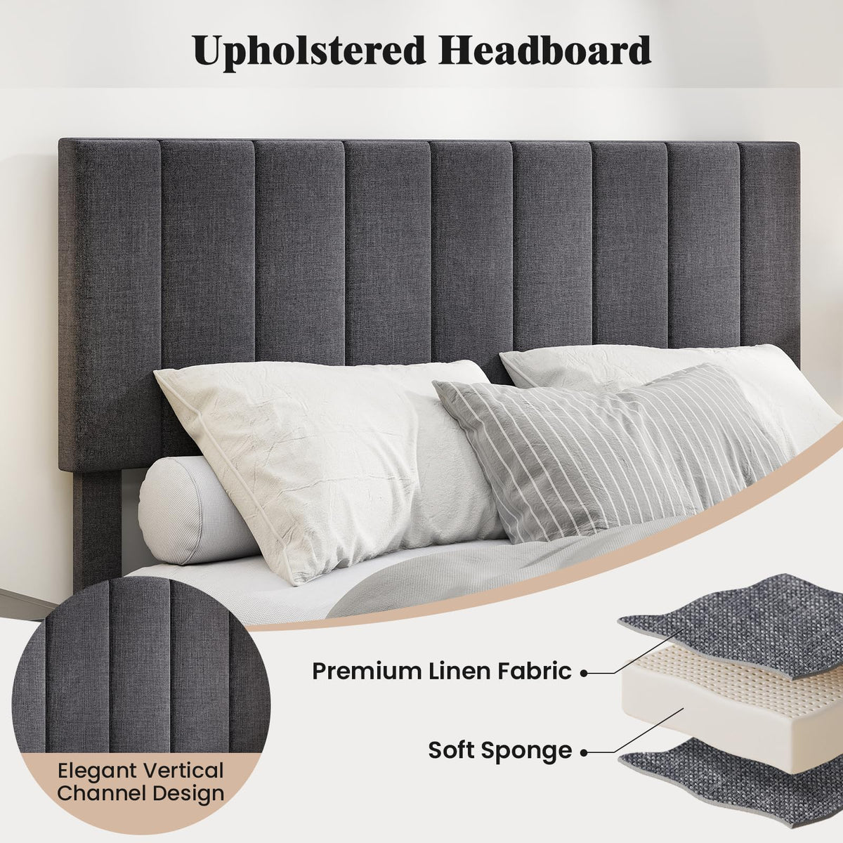 Goflame Queen/Full/Twin Size Upholstered Bed Frame Platform Bed with Height Adjustable Vertical Channel Headboard