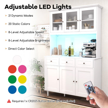 Goflame Pantry Cabinet, 77” Tall Buffet Cabinet with Hutch, LED Lights & Charging Station