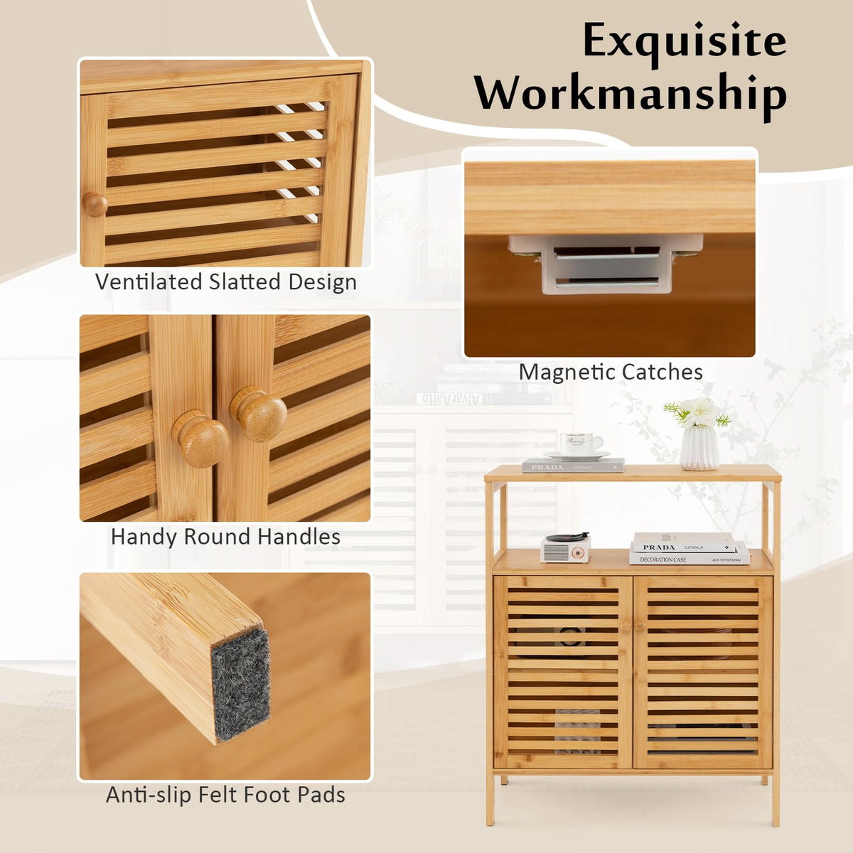 Goflame Storage Cabinet, Bamboo Bathroom Floor Cabinet with Double Louvered Doors