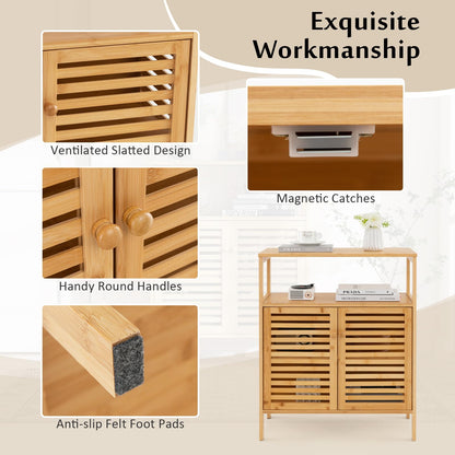 Goflame Storage Cabinet, Bamboo Bathroom Floor Cabinet with Double Louvered Doors