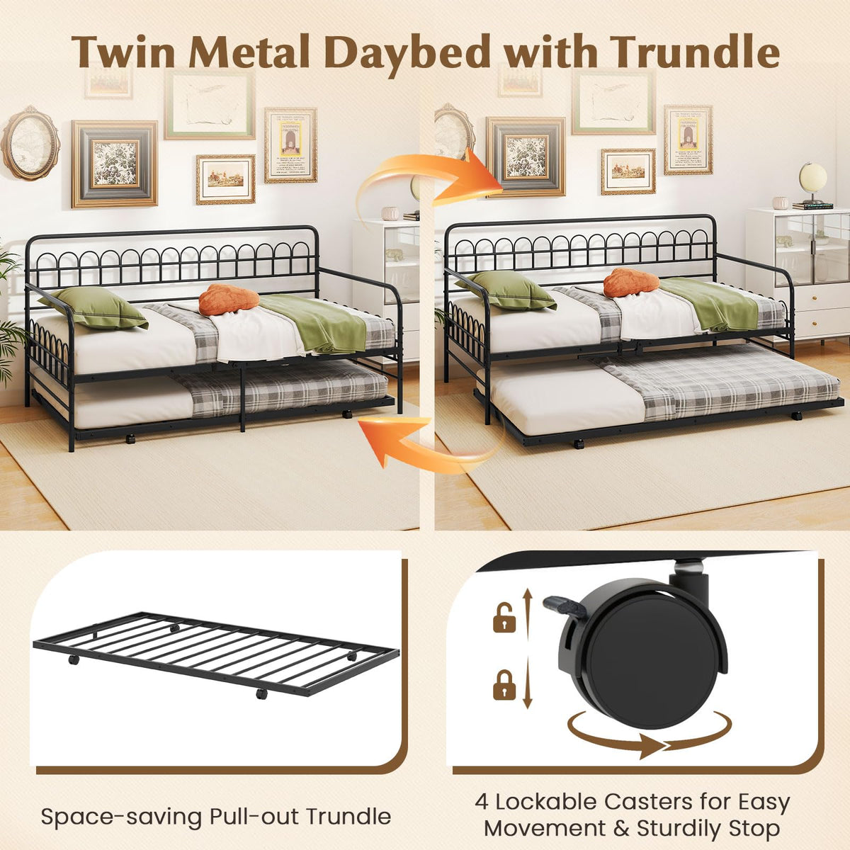 Goflame Twin Daybed with Trundle with Heavy-Duty Metal Slats