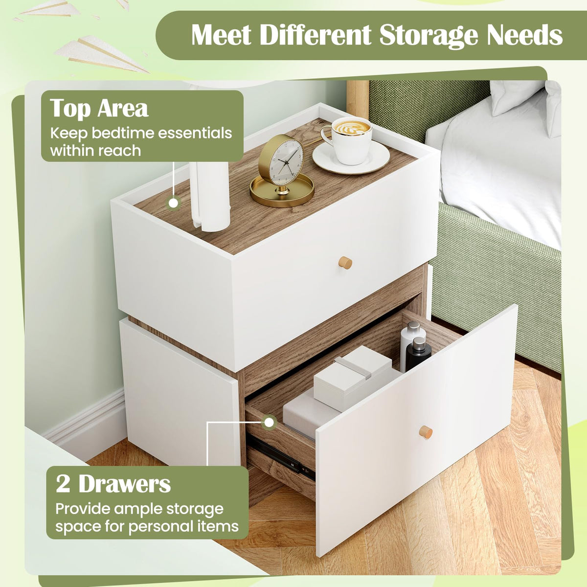 Goflame Modern Nightstand with 2 Storage Drawers, Wooden Night Stand with Raised Edge