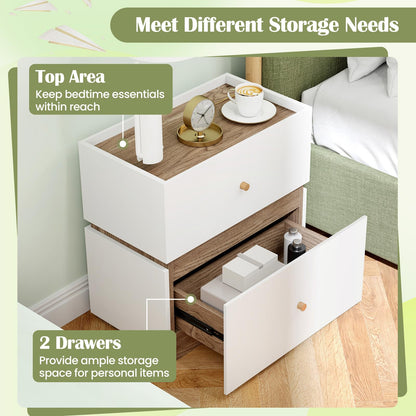 Goflame Modern Nightstand with 2 Storage Drawers, Wooden Night Stand with Raised Edge