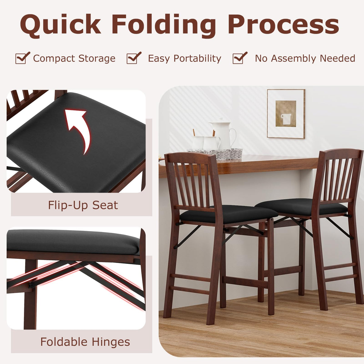 Goflame Folding Bar Stools Set, 24.5" Counter Height Bar Dining Chairs with Back