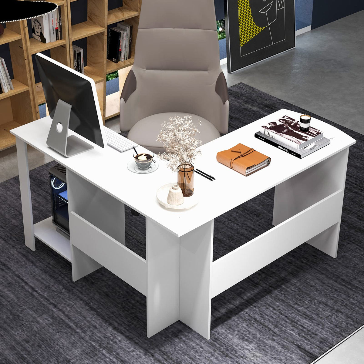 Goflame L Shaped Computer Desk, 51" Large Corner Desk with 2 Cable Holes & 2 Storage Shelves, White