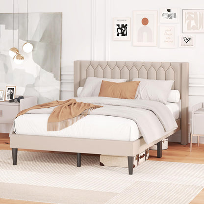 Goflame Queen Size Dutch Velvet/Linen Fabric Upholstered Platform Bed with Wingback Headboard and Wooden Slat Support