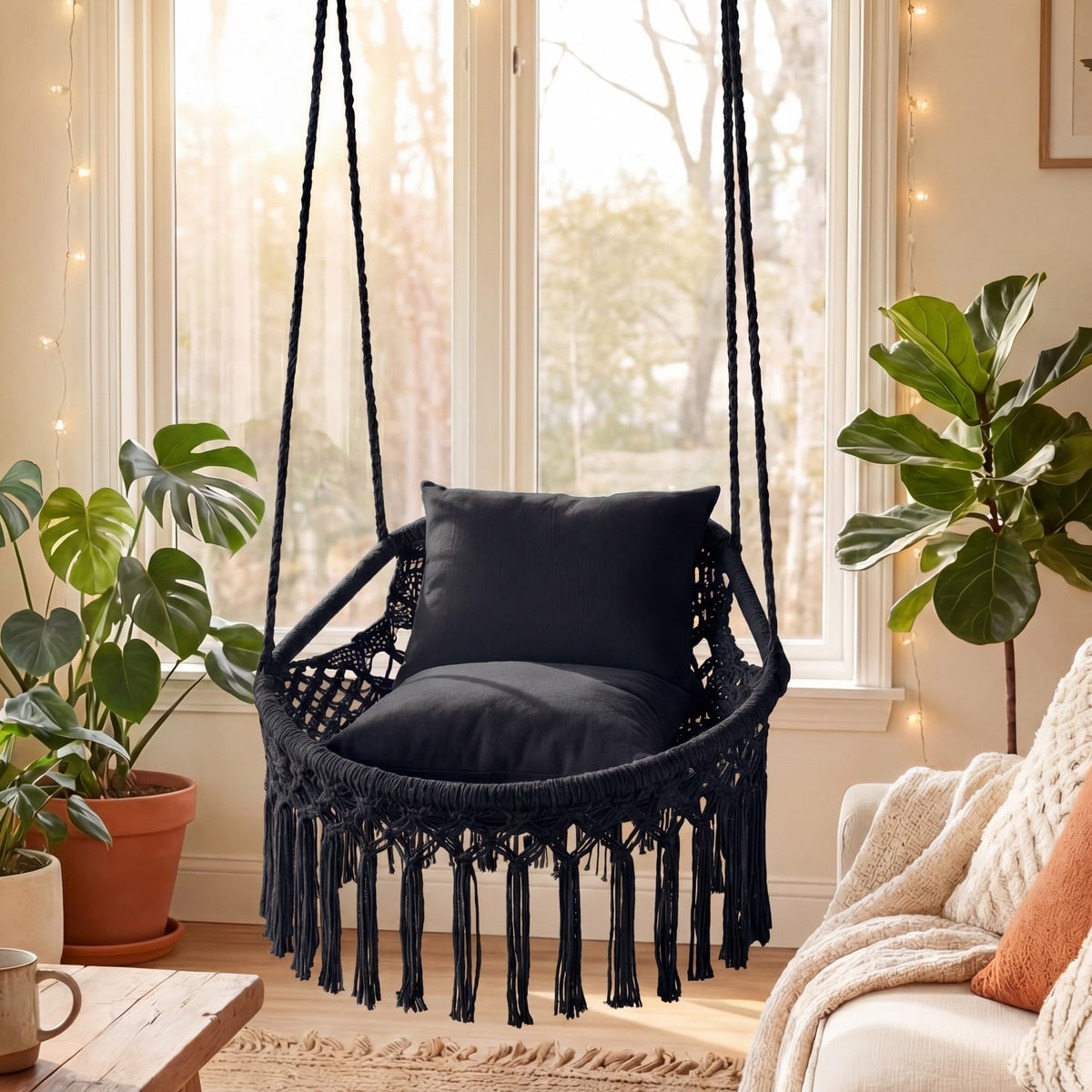 Goflame Macrame Hammock Chair w/Removable Cushions & Sturdy Metal Ring