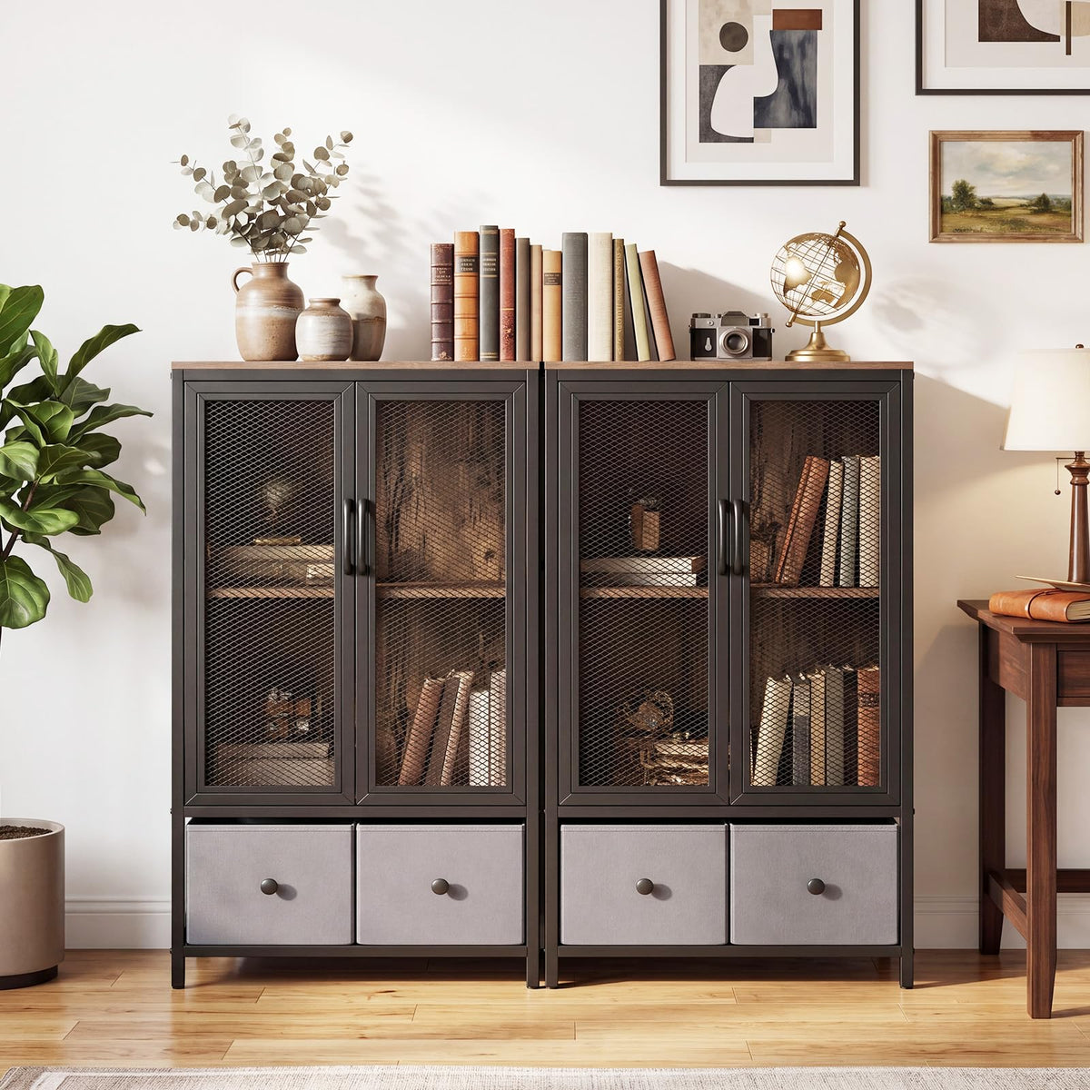 Goflame Industrial Coffee Bar Cabinet with Adjustable Shelves & 2 Removable Cloth Drawers