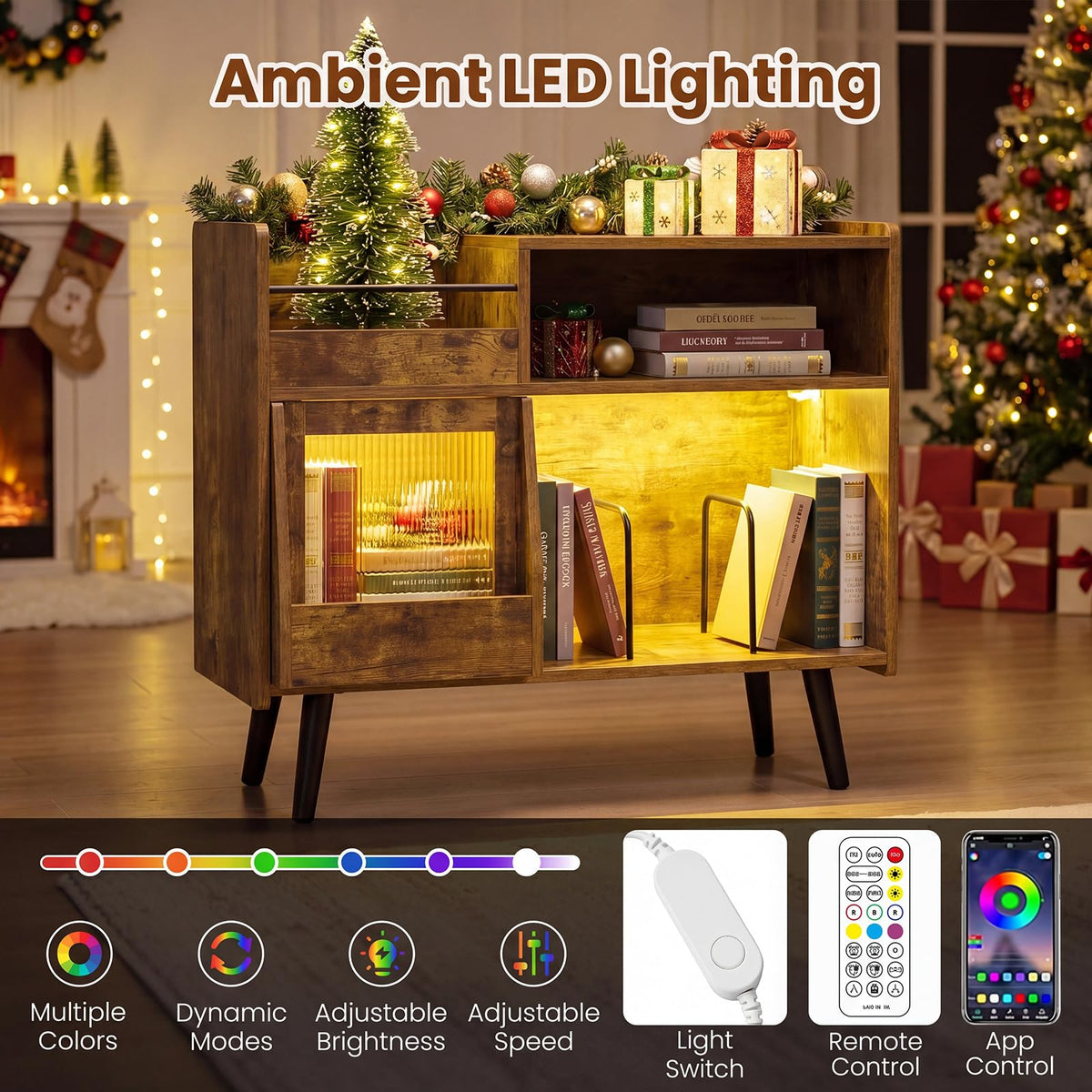 Goflame Large Record Player Stand with LED Light& Sliding Door