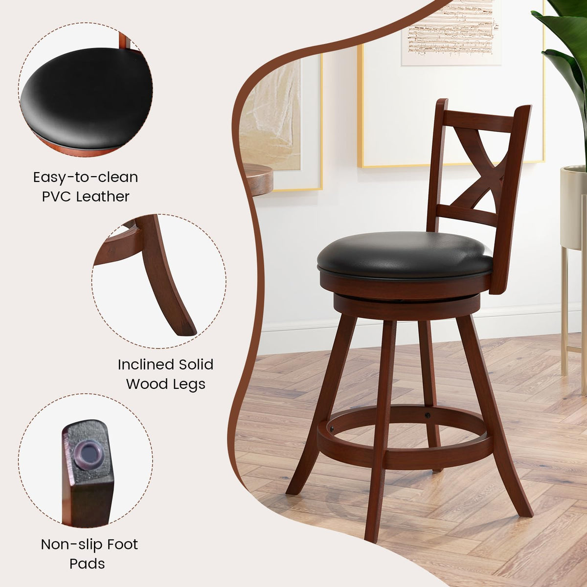 Goflame Swivel Bar Stools Set of 2, Farmhouse Wooden Barstools with Back