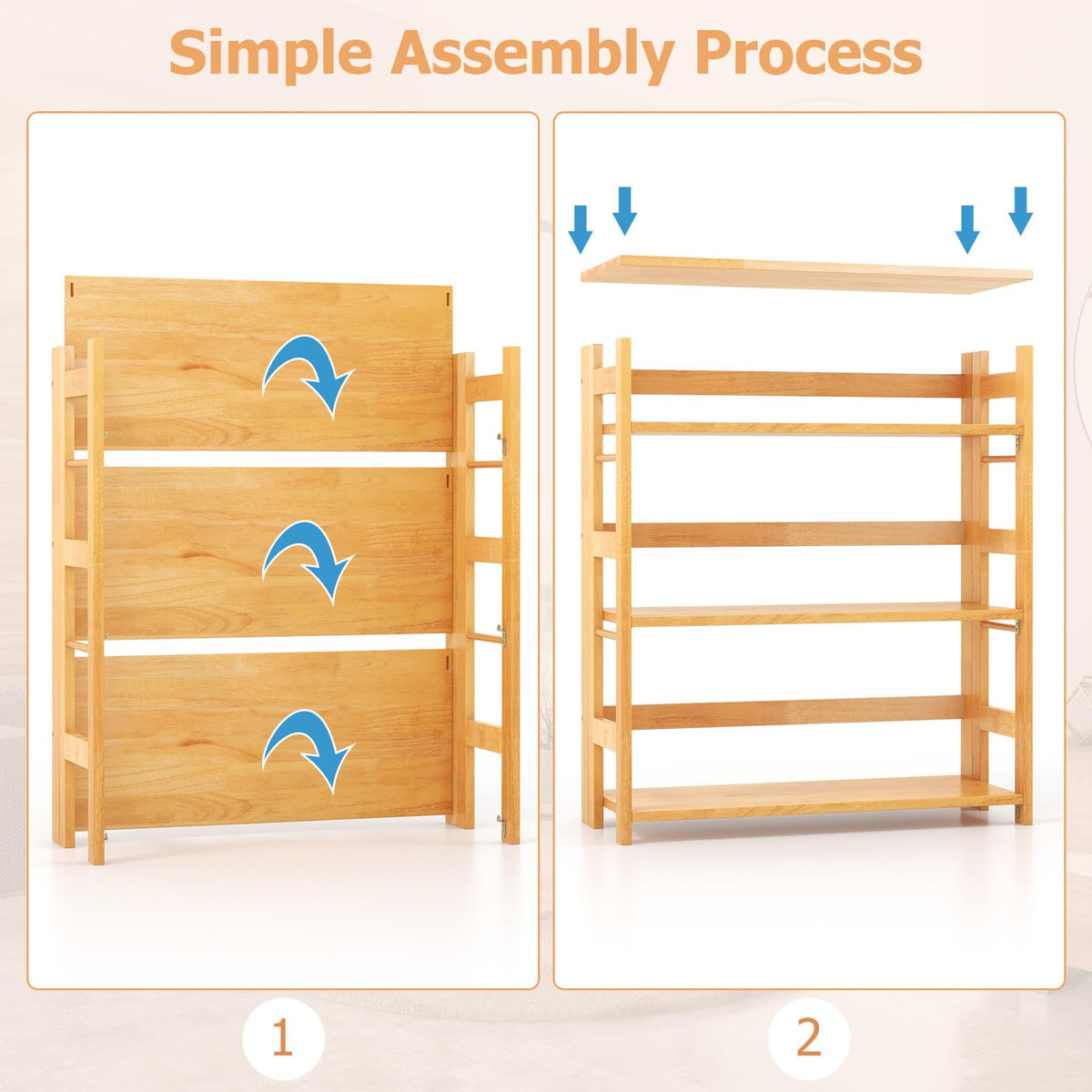 Goflame 4-Tier Bookshelf, 34.5" Floor Storage Shelf w/Rubber Wood Frame, Anti-Toppling Kits, Side Fences