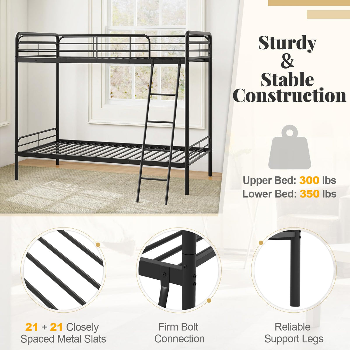 Goflame Metal Bunk Bed Twin Over Twin, Heavy Duty Twin Bunk Beds with Inclined Ladder & Safety Guardrails