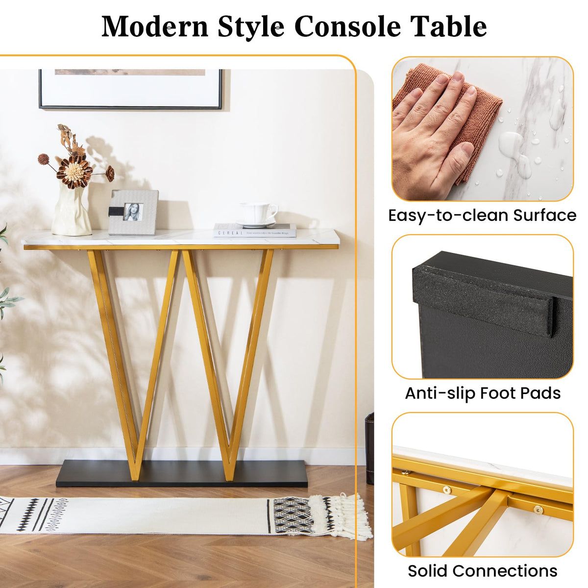 Goflame Gold Entryway Table 40 Inch Modern Console Table with Faux Marble Table and Metal Frame