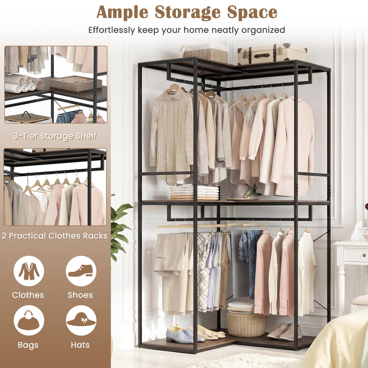 Goflame Heavy Duty Clothes Rack | 3-Tier L-Shaped Garment Rack w/3 Open Shelves & 2 Hanging Racks