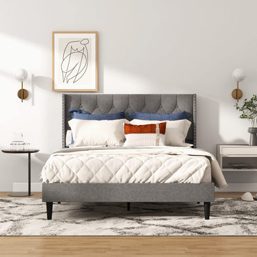 Goflame Full Size Linen Fabric Upholstered Platform Bed Frame