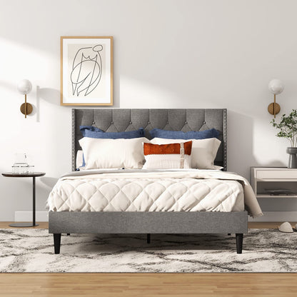 Goflame Full Size Linen Fabric Upholstered Platform Bed Frame