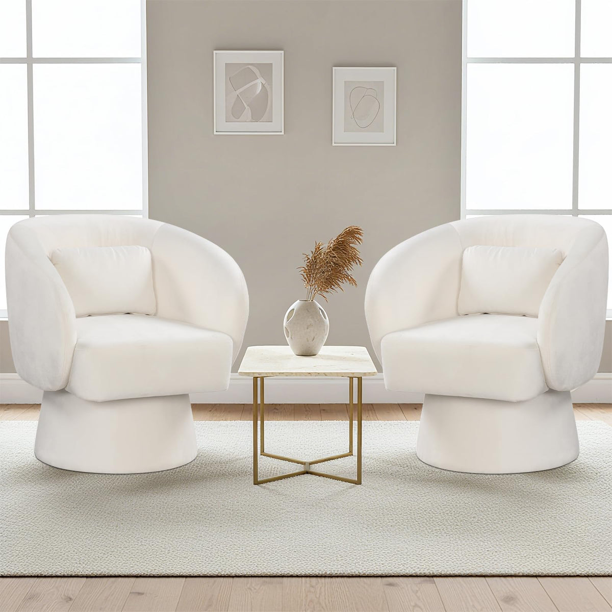Goflame Swivel Accent Chair Upholstered Barrel Chair with Curved Back & Removable Lumbar Pillow