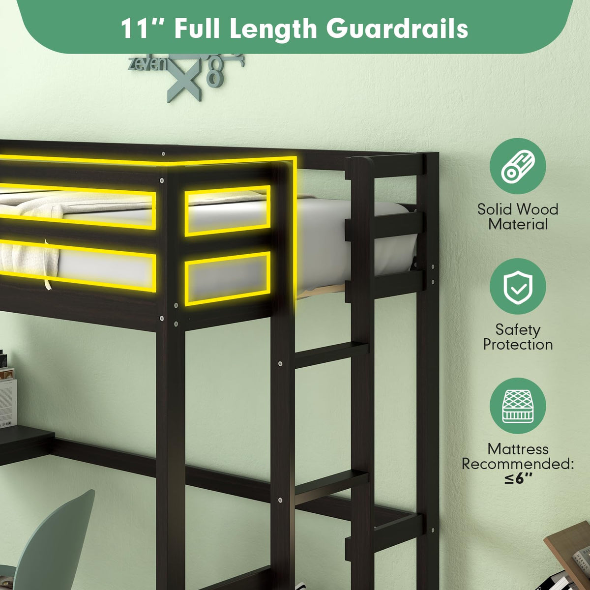 Goflame Twin Size Loft Bed with Desk, Solid Wood Loft Bed with 2 Ladders & Full Length Guardrail