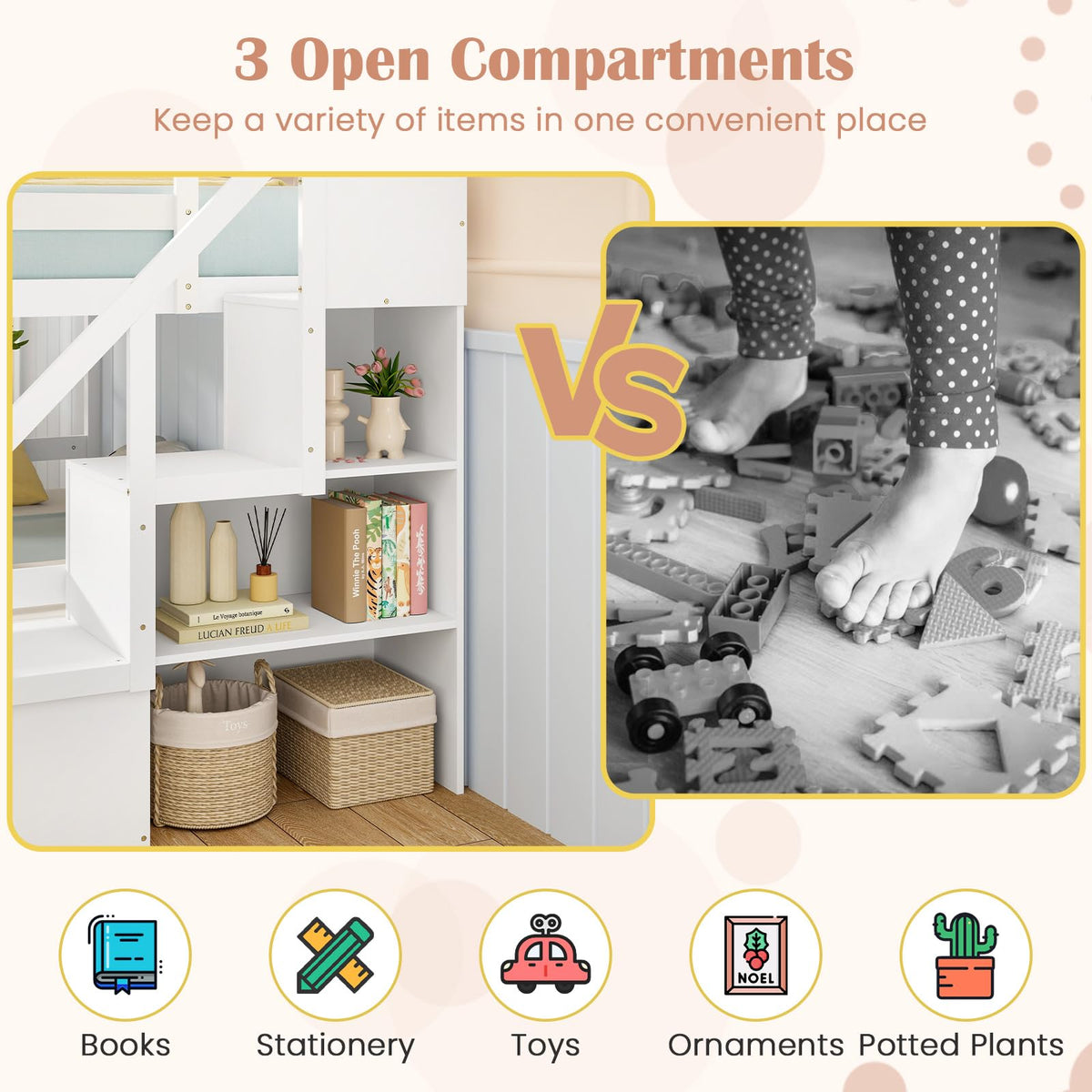 Goflame Bunk Bed with Stairs, Solid Wood Floor Bunk Bed with Storage Staircase & Full-Length Guardrails
