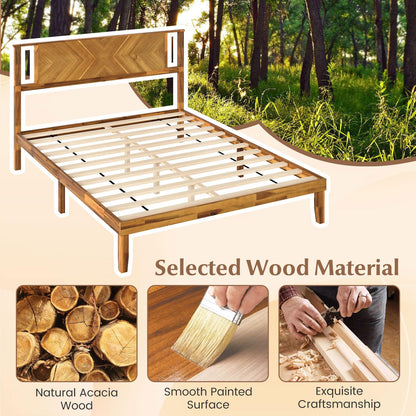 Goflame Queen/Full/Twin Size Acacia Wood Platform Bed Frame Mid-Century Modern Bed Frame with Headboard