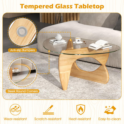 Goflame Triangle Glass Coffee Table, Solid Wood Tea Table with Tempered Glass Top & Adjustable Base