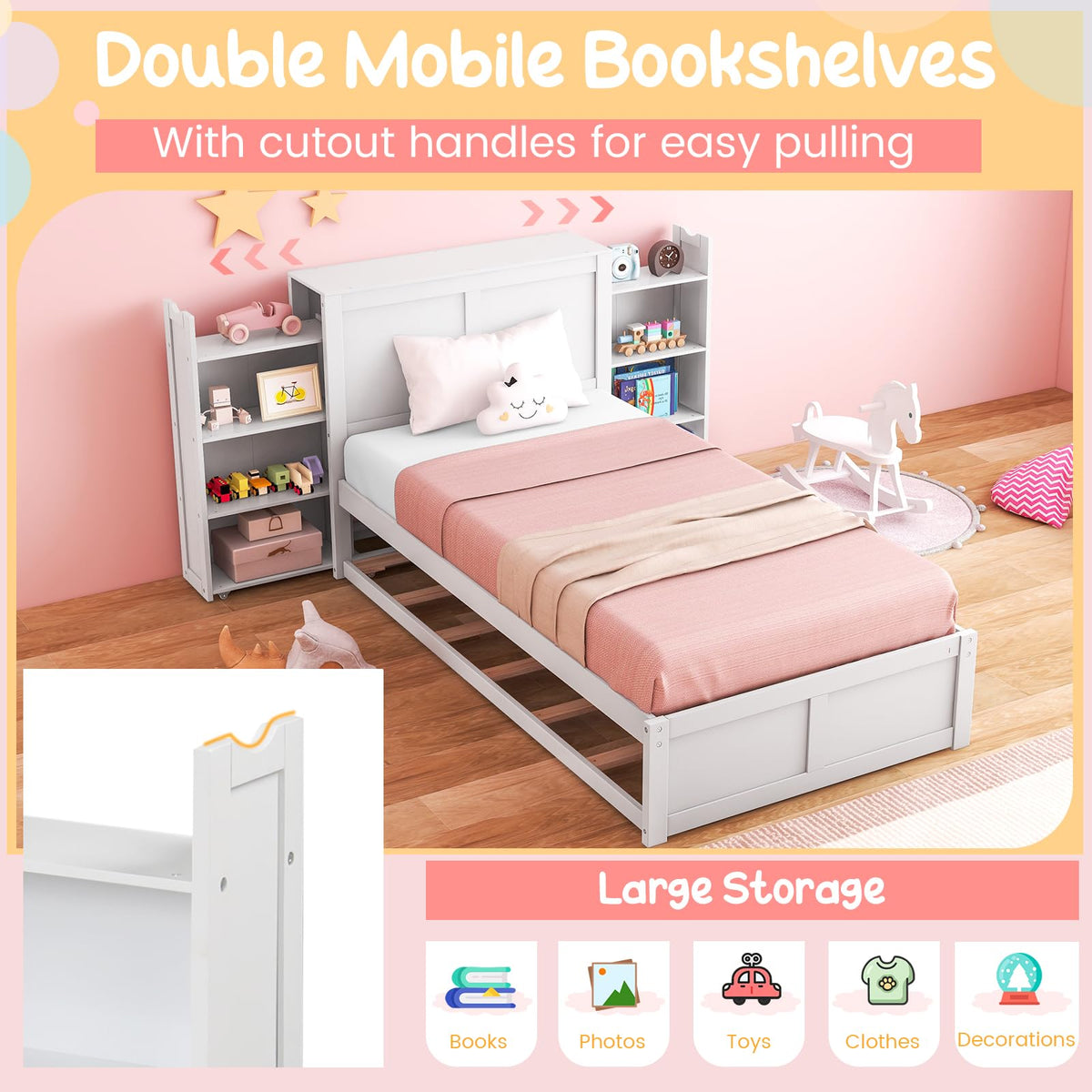 Goflame Full Bed Frame with Twin Trundle, Wooden Bed Wooden Bed Frame with 2 Rolling Bookcases & High Headboard