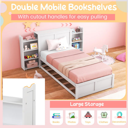 Goflame Full Bed Frame with Twin Trundle, Wooden Bed Wooden Bed Frame with 2 Rolling Bookcases & High Headboard