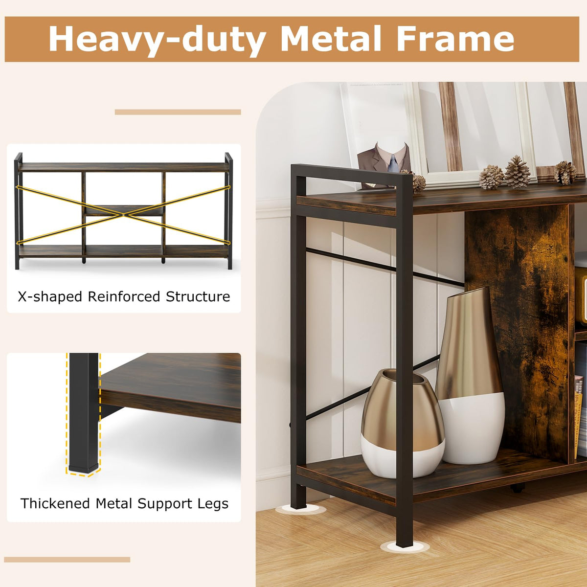 Goflame TV Stand for TVs up to 55", 3-Tier Entertainment Center with Open Storage Shelves, Side Guardrails & Metal Frame