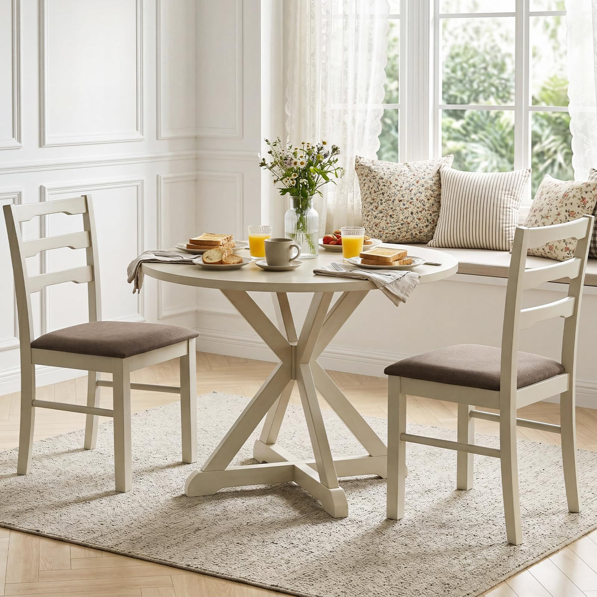 Goflame Wood Farmhouse Upholstered Kitchen Chairs with Ladder Back Design (2/4)