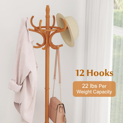 Goflame Solid Wood Coat Rack, Freestanding Hall Tree w/12 Hooks, Umbrella Holder, Entryway Hanger Stand for Coat