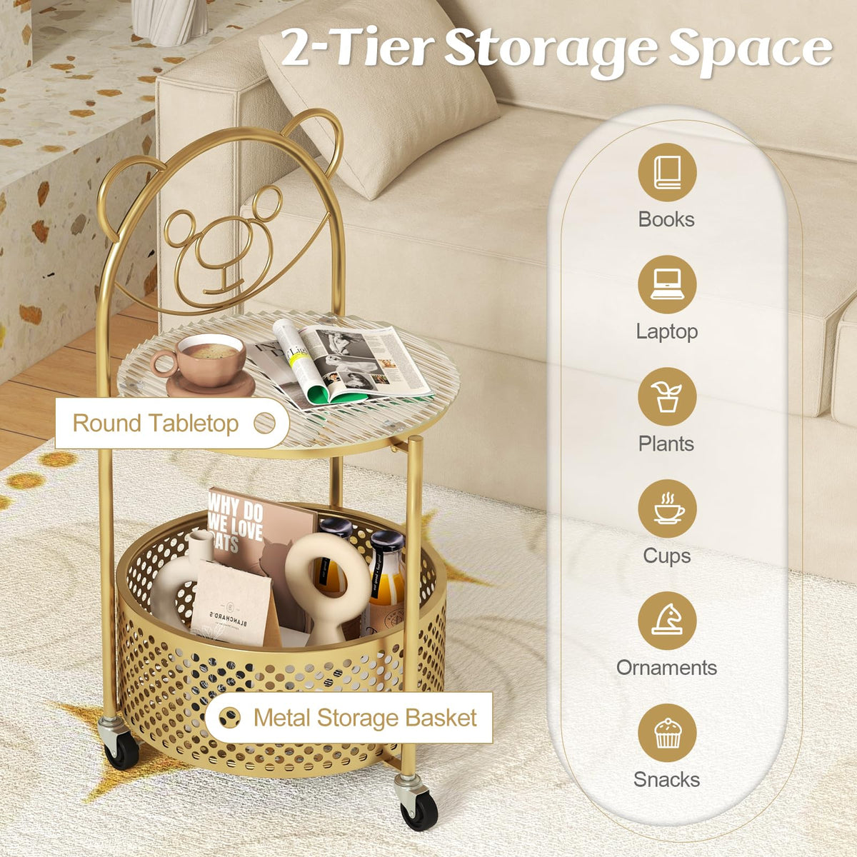 Goflame Mobile Glass Coffee Table, 2-Tier Round End Table with Bear Pattern, Storage Basket, Metal Frame