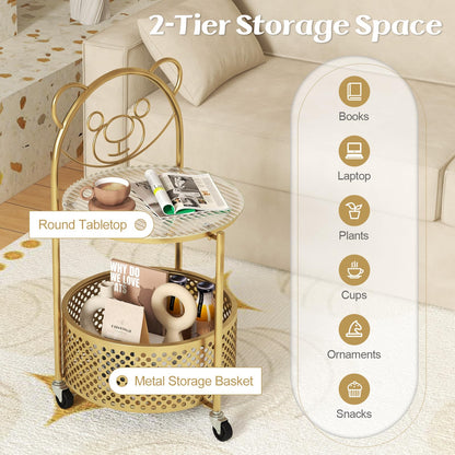 Goflame Mobile Glass Coffee Table, 2-Tier Round End Table with Bear Pattern, Storage Basket, Metal Frame