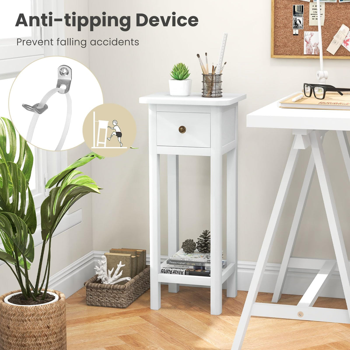 Goflame Narrow End Table with Drawer, Tall Acacia Wood Side Table with Bottom Shelf, Modern Bedside Tables