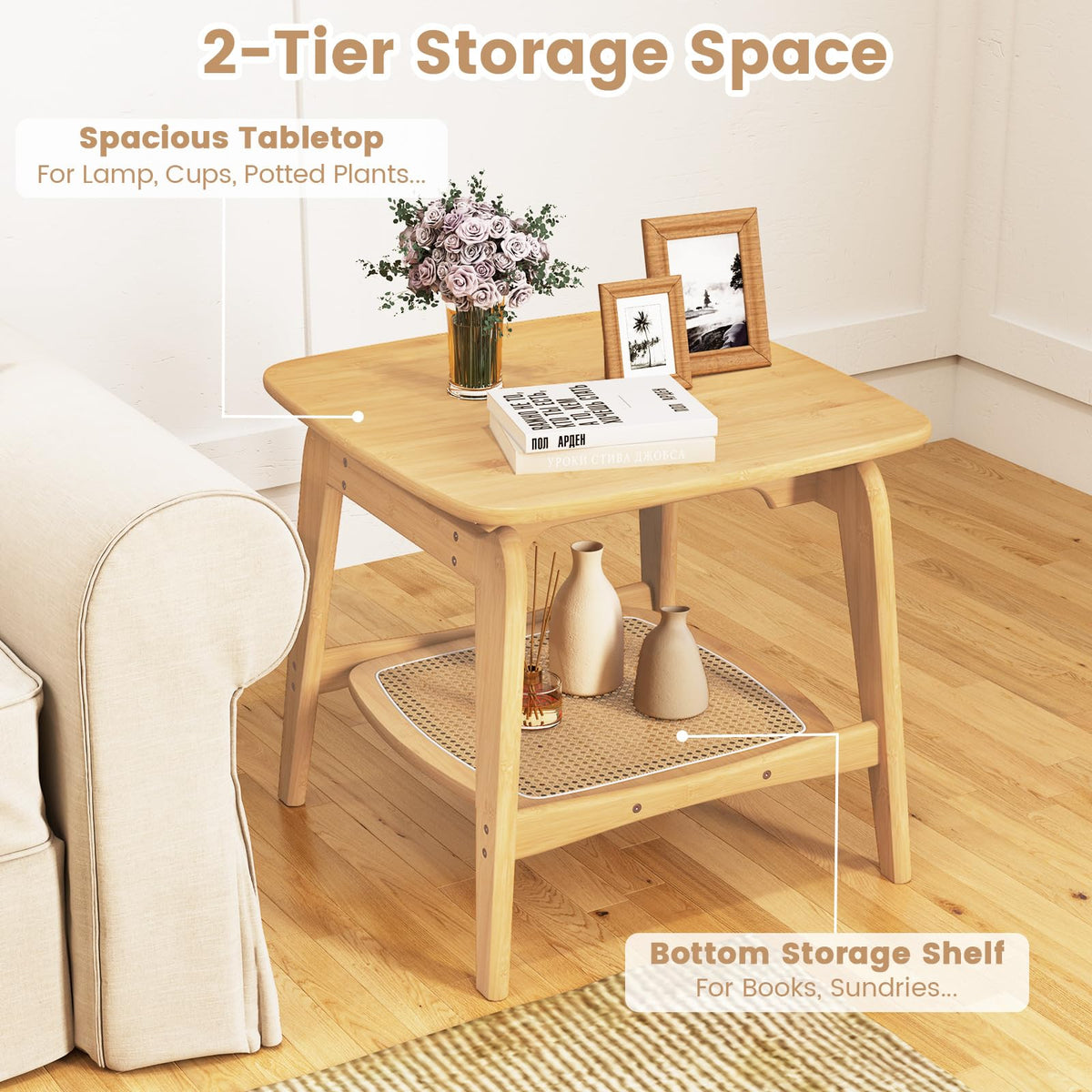 Goflame Rattan Side Table, Boho End Table with Storage Shelf, 2-Tier Bedside Table for Small Spaces