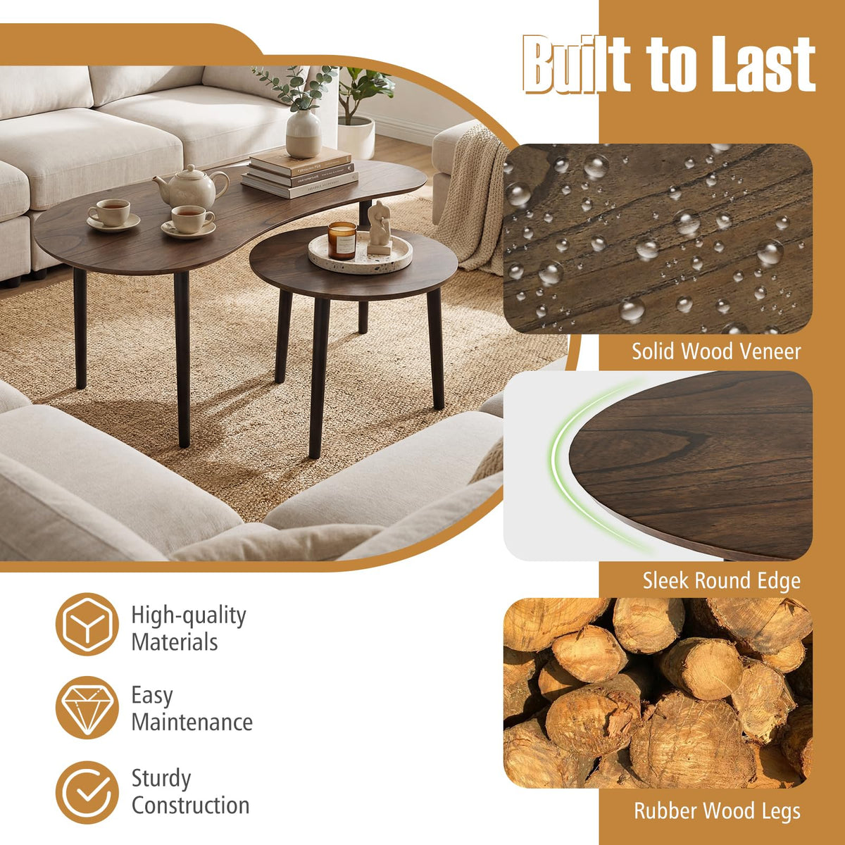 Goflame Nesting Tables Set of 2 | Mid Century Modern Coffee Tables with Solid Wood Support Legs
