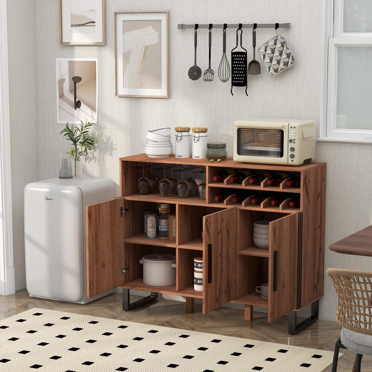 Goflame Wine Bar Cabinet, Buffet Sideboard with 3 Doors & Adjustable Shelves, Liquor Cabinet
