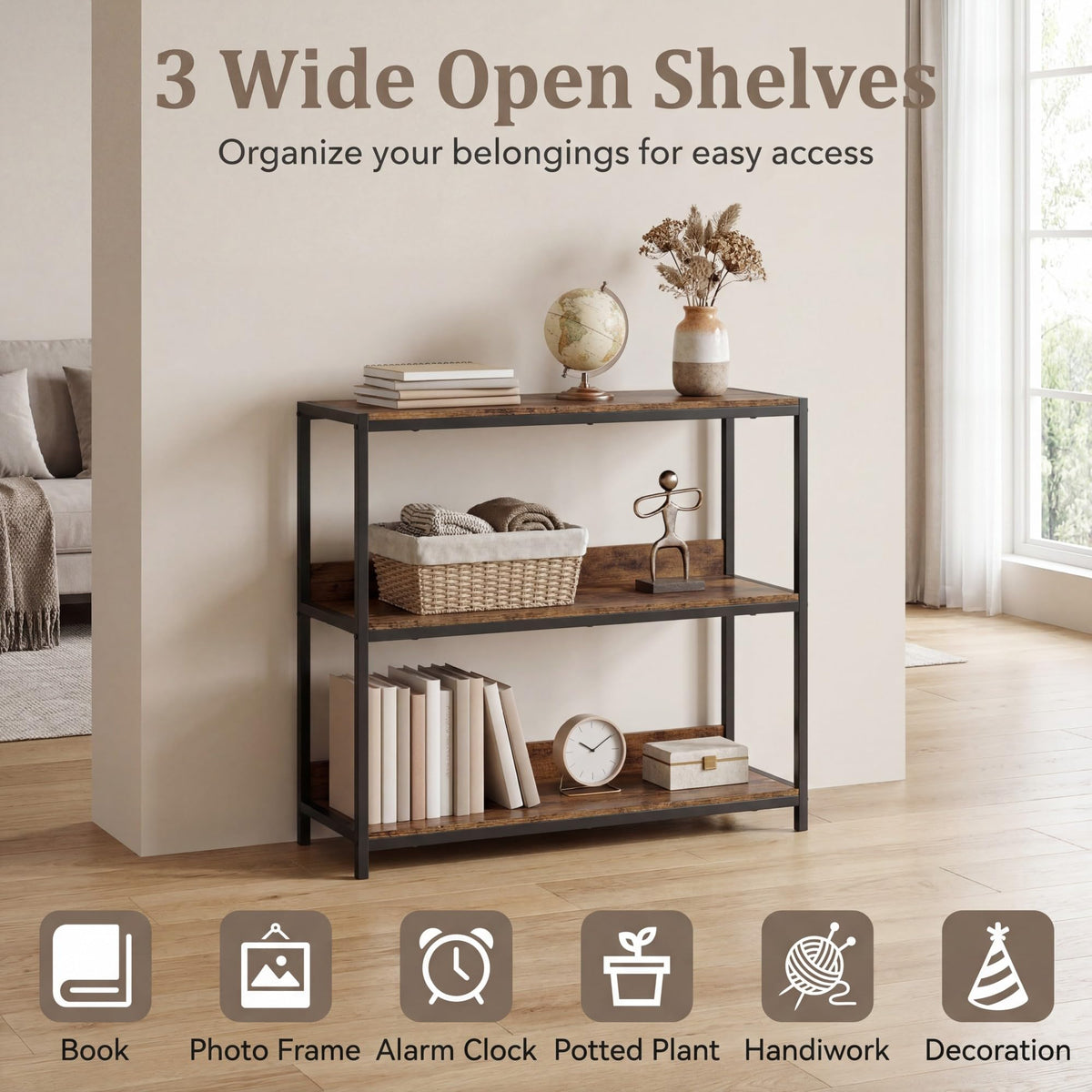 Goflame Industrial 3-Tier Small Bookshelf with Wooden Shelves and Metal Frame