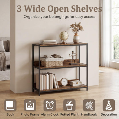 Goflame Industrial 3-Tier Small Bookshelf with Wooden Shelves and Metal Frame