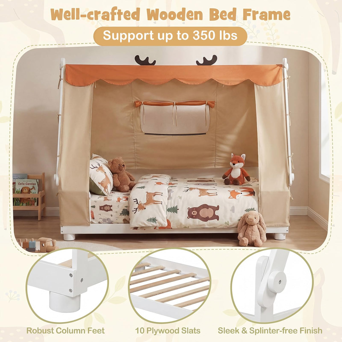 Goflame Twin Size House Floor Wood Bed with Tent