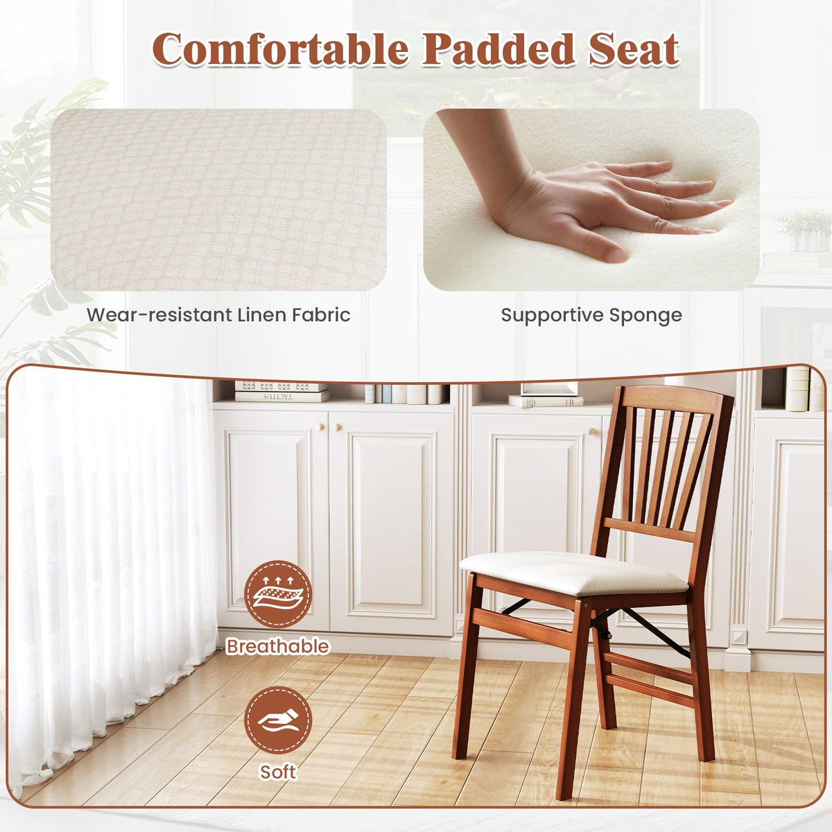 Goflame Folding Dining Chairs Set of 2/4, Modern Kitchen Chairs w/Padded Seat & Slatted Backrest, Rubber Wood Frame