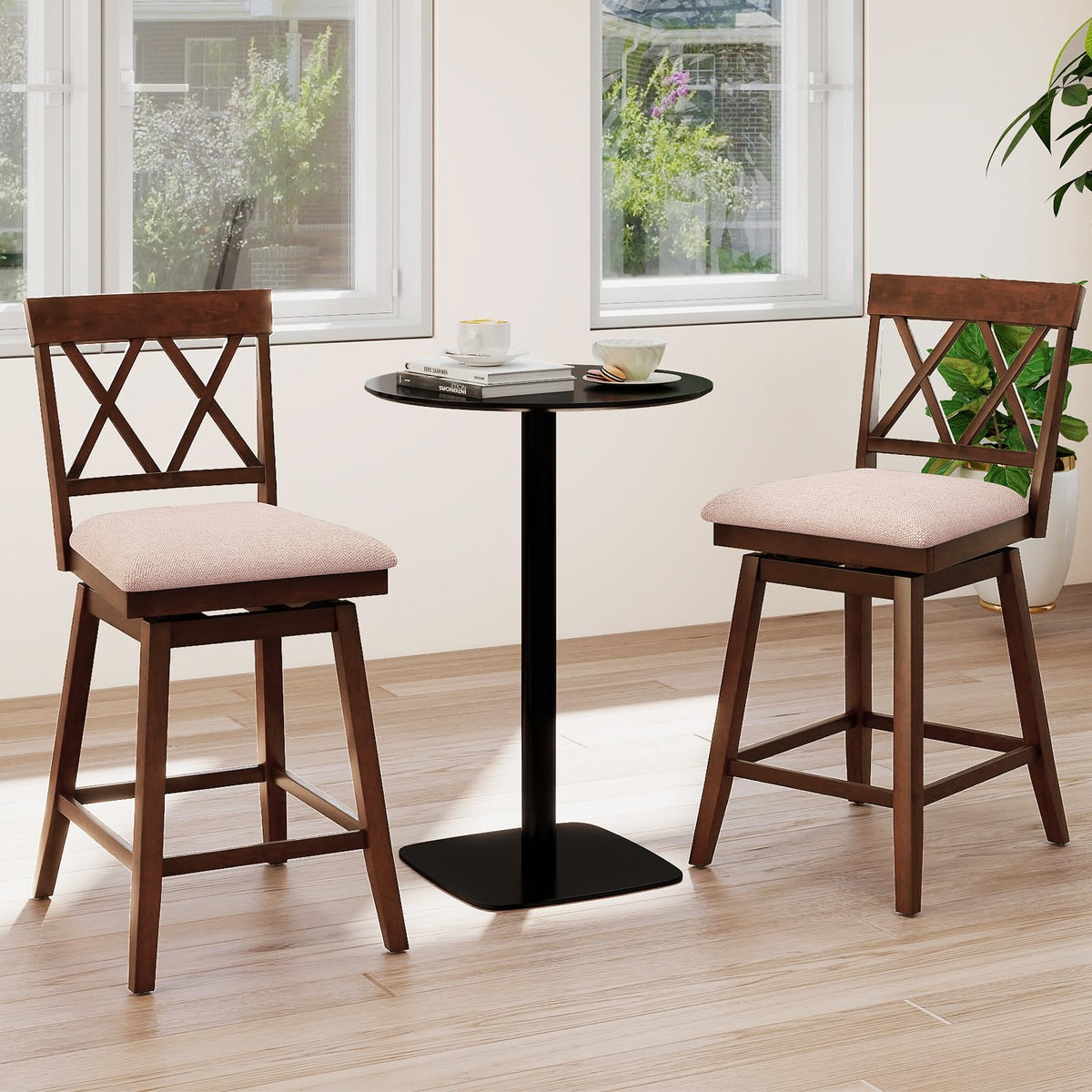 Goflame Counter Height Bar Stool with Crossed Backs and Rubber Wood Legs