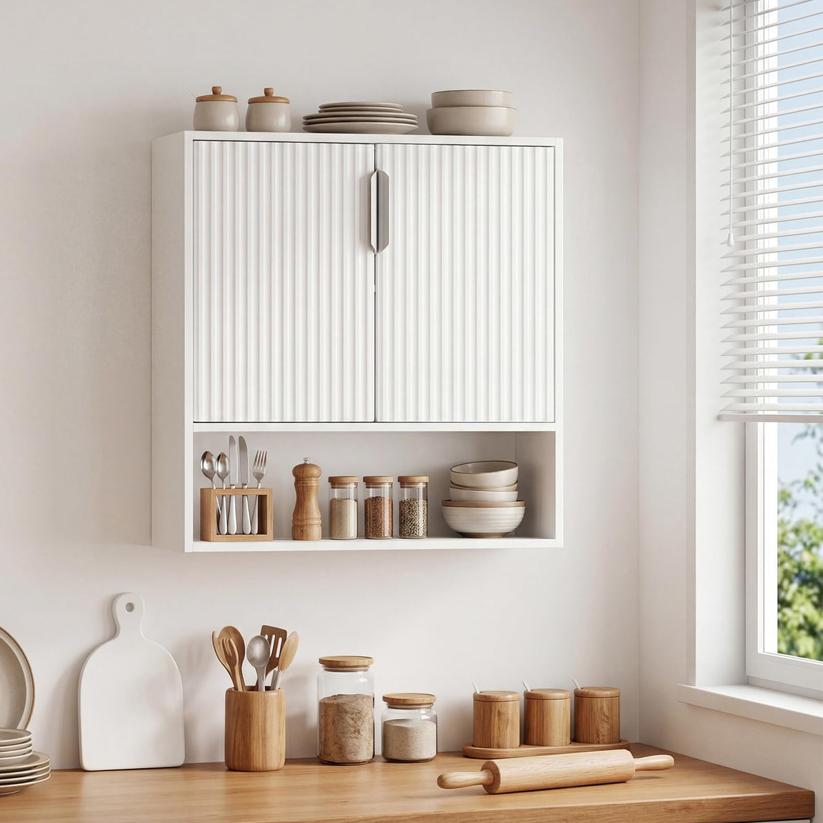 Goflame Fluted Bathroom Wall Cabinet | Over-the-Toilet Medicine Cabinet w/ 2 Doors