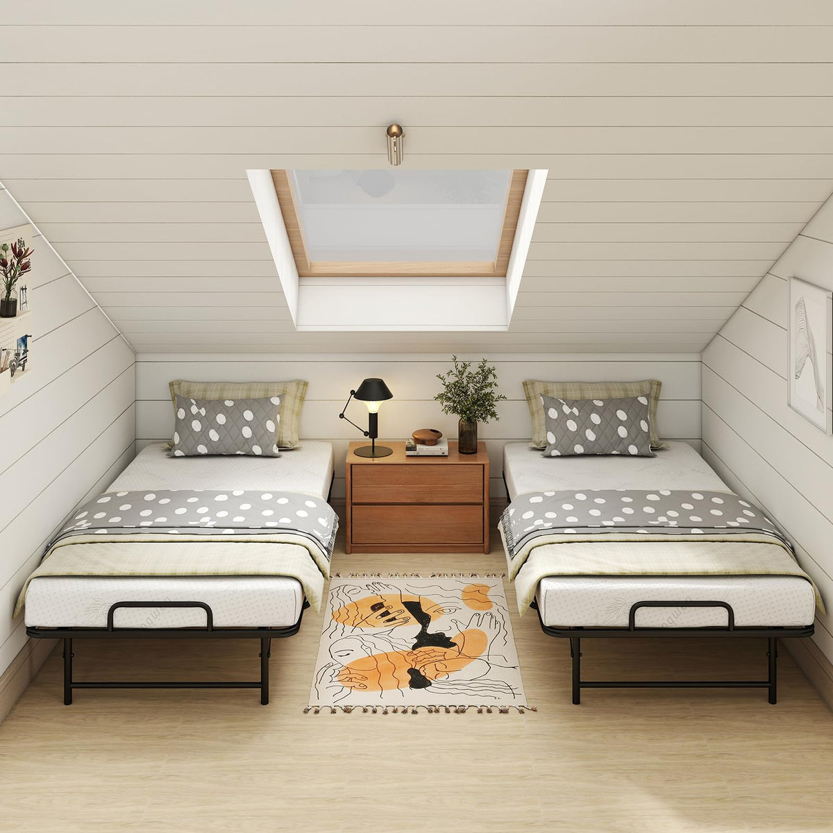 Goflame Twin Folding Bed Frame with 5 Inch Mattress, Portable Rollaway Guest Bed, 75" x 38"