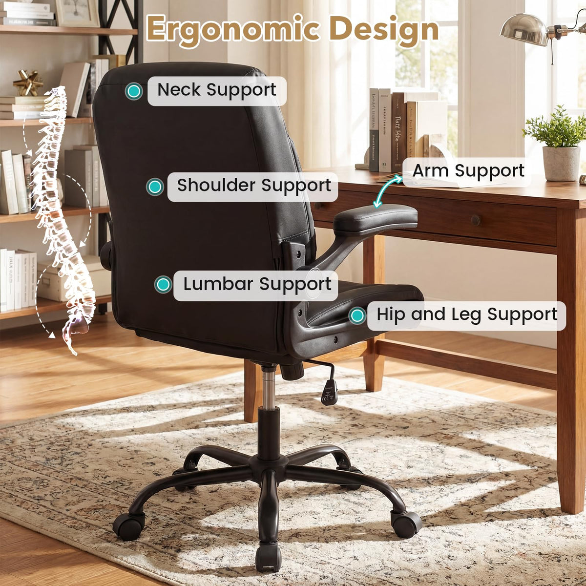 Goflame Leather Office Chair | Ergonomic Computer Desk Chair with Flip-up Arms