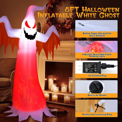 8 FT Halloween Inflatable White Ghost W/ Rotatable Flame LED Lights, Air Blower, Stake, Sandbag