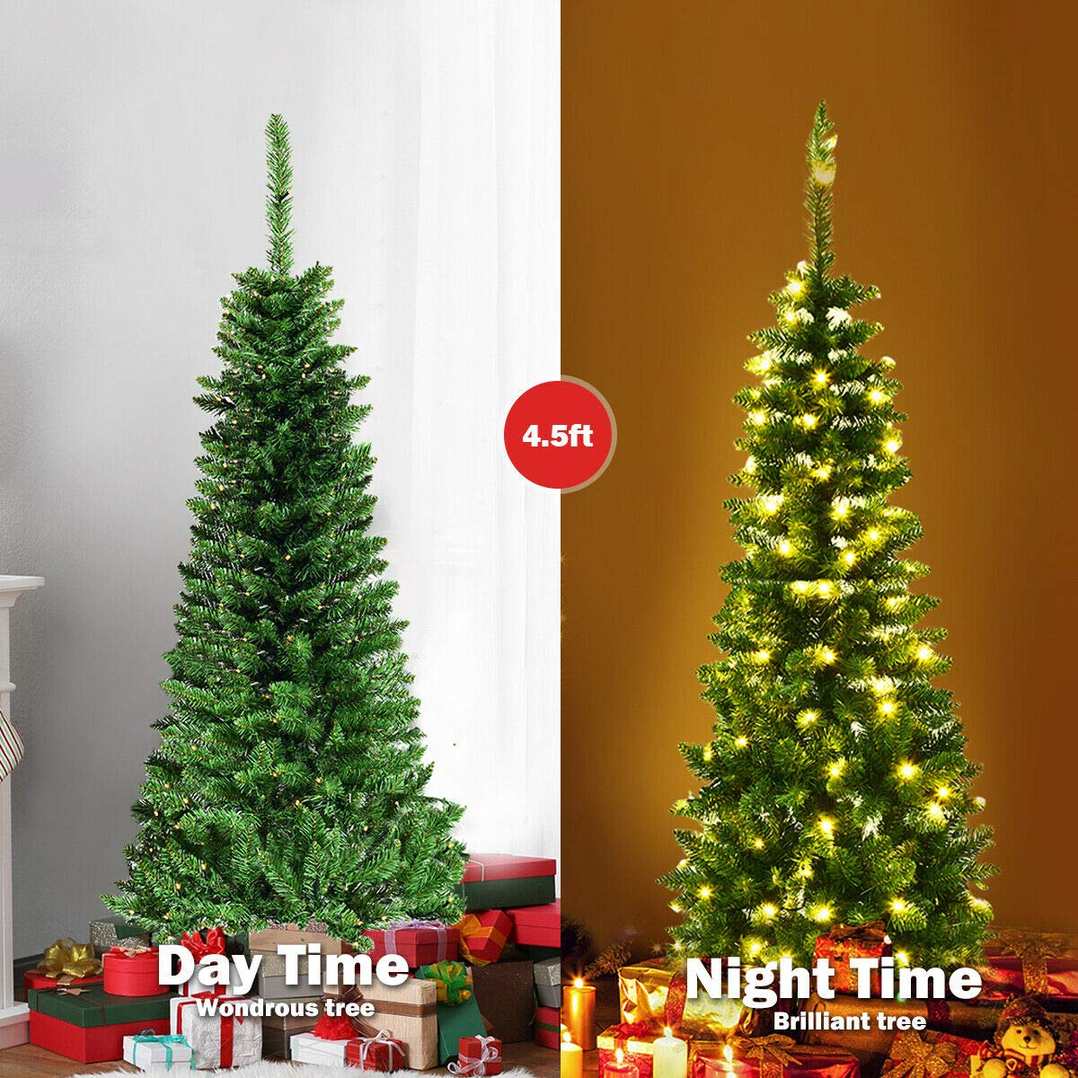 Goflame Prelit Pencil Christmas Tree, 4.5FT Premium Hinged Fir Tree - GoflameUS
