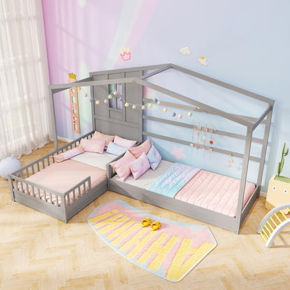 Goflame Double Twin Beds for Kids, House L-Shaped Platform Beds with Window & Fences