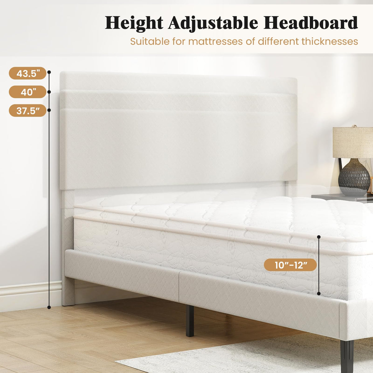 Goflame Bed Frame | Velvet Upholstered Platform Bed w/Height Adjustable Chevron Headboard