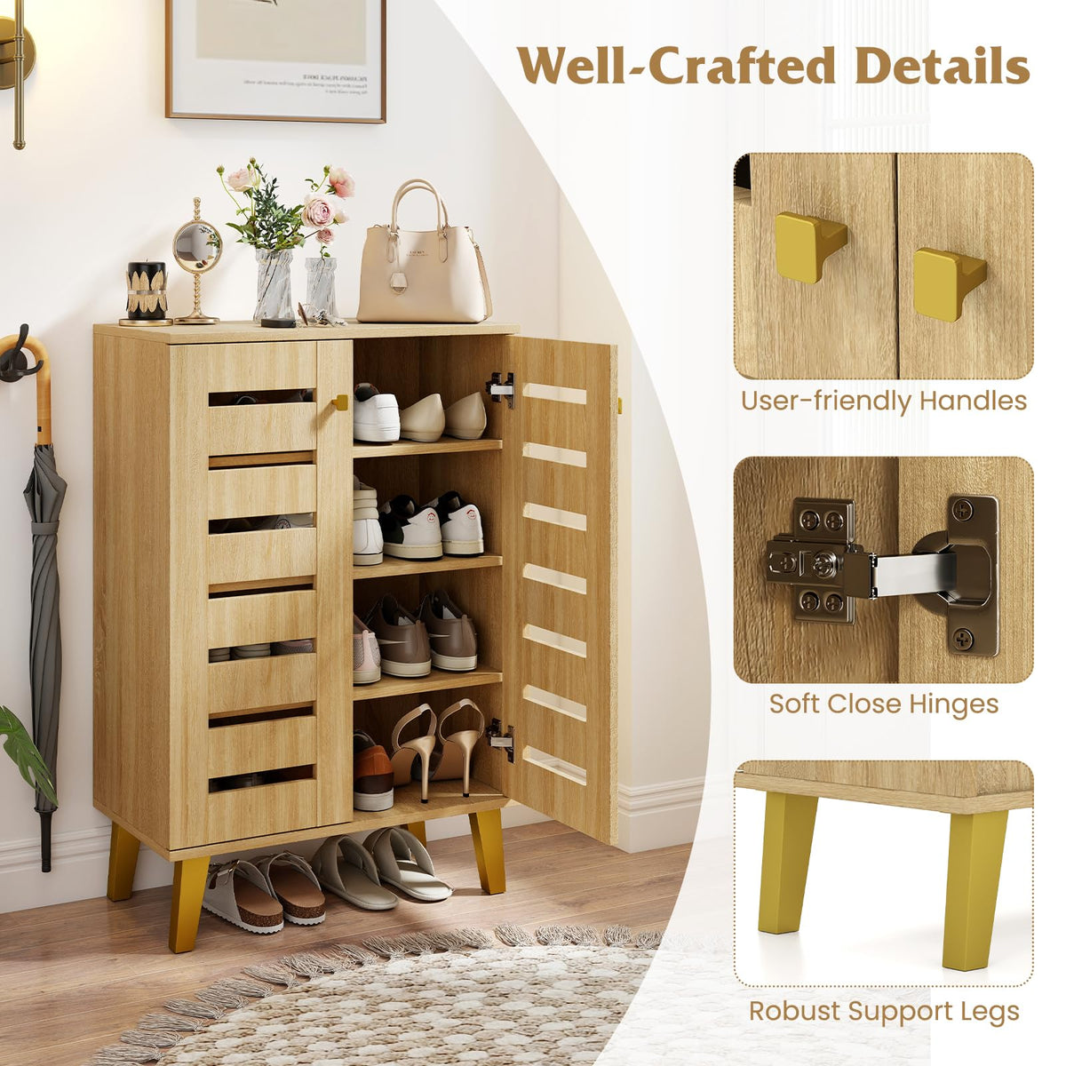 Goflame Shoe Cabinet with Doors 4-Tier Freestanding Shoe Organizer Cabinet