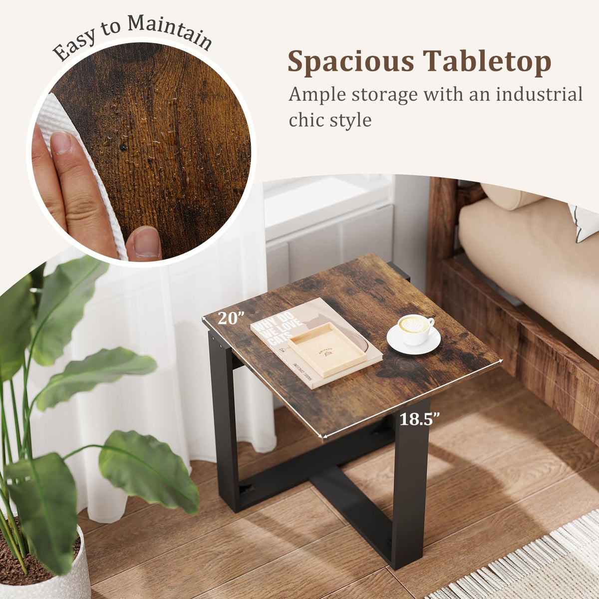 Goflame Rustic Brown Square Industrial Side Table w/T-Shape Metal Frame